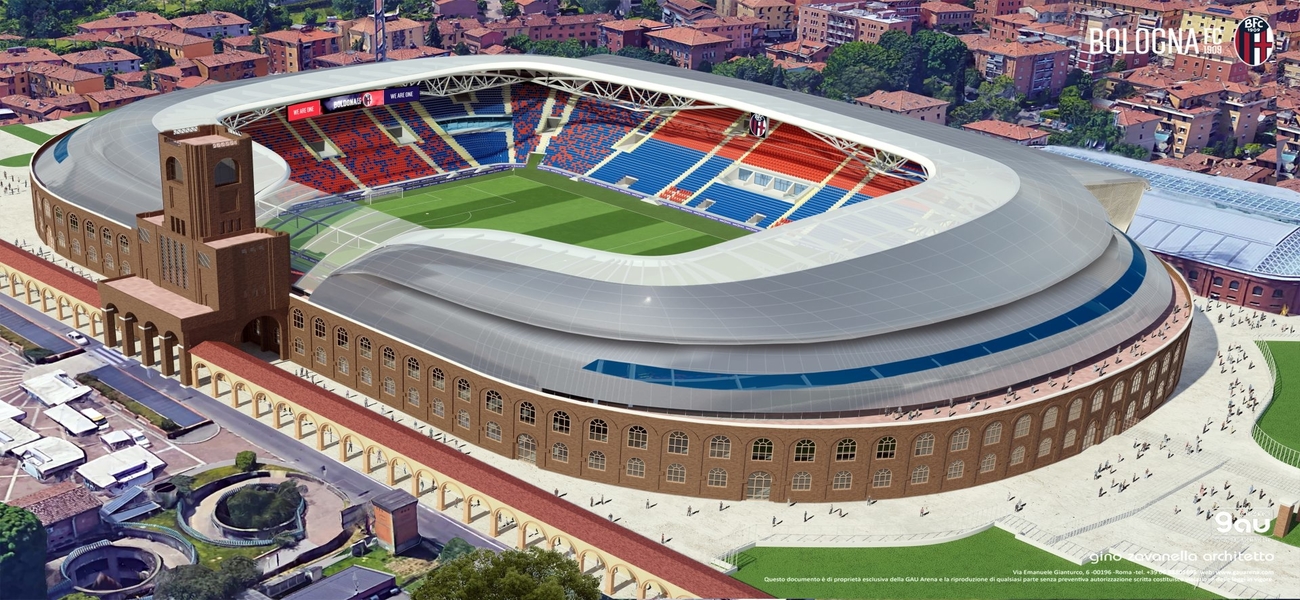 An architectural rendering of a modernized stadium featuring a contemporary sweeping roof structure integrated with a historic red-brick exterior and tower, with red and blue seating visible inside.