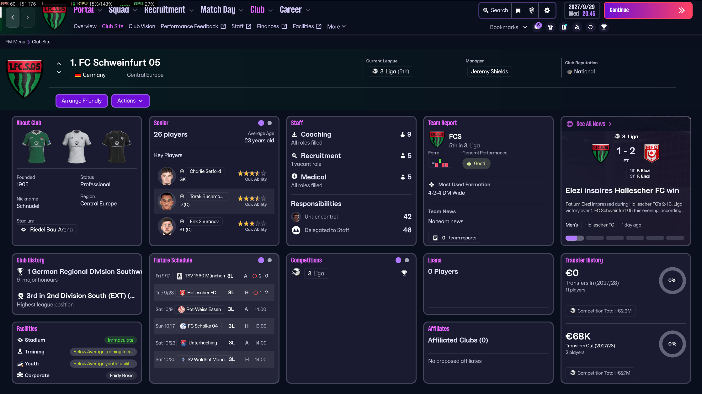 The club screen view in Football Manager 26.