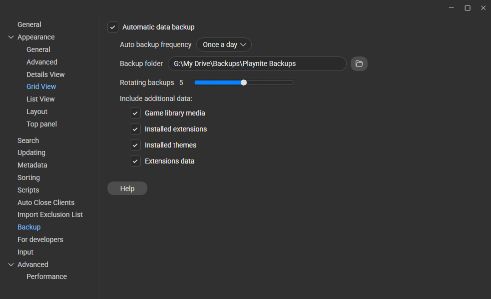 Screenshot of the Playnite backup settings I use.