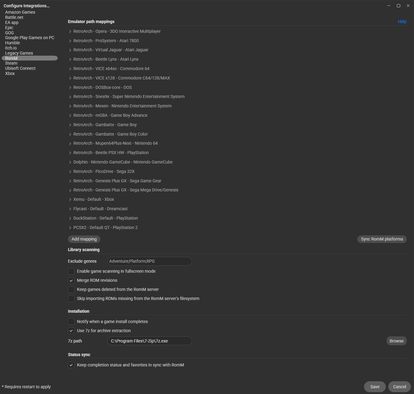 Screenshot demonstrating the mappings for many platforms when using the RomM integration.
